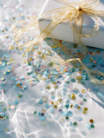 Colorful confetti scattered around a white gift wrapped with a delicate bow creates a festive atmosphere ideal for parties and celebrations at any time.の素材