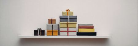 Presents wrapped in various colors sit neatly on a simple shelf, creating a festive display. The ample negative space above adds a clean, modern aesthetic.の素材