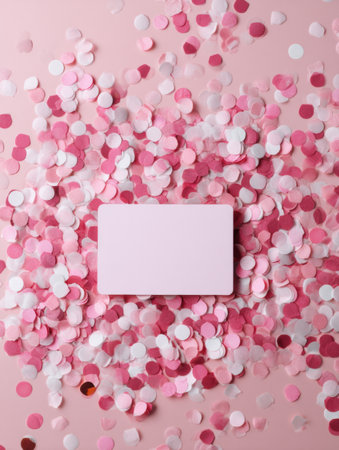 Colorful pink confetti surrounds a blank gift card mockup, creating a playful and festive vibe for any event or gift.の素材