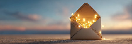 A gift sits inside an envelope, illuminating with soft glowing lights, against a clear sky background during evening twilight, creating a magical ambiance.の素材