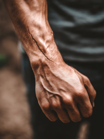 Ripped forearm showcases strength during a dynamic activity, highlighting defined muscles and vein structure against a softly blurred backdrop.の素材