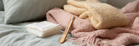 A sick person is resting in a warm bed, with a thermometer and tissues placed on the soft bedding, creating a cozy atmosphere perfect for recovery.の素材