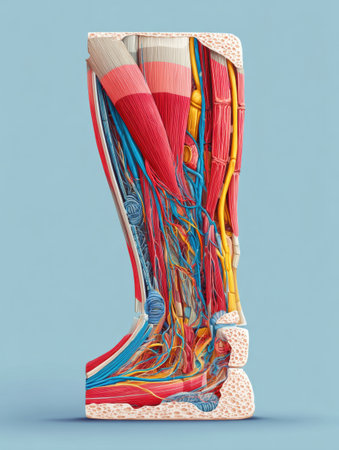 Detailed rendering of leg muscle anatomy reveals intricate structures including tendons, arteries, and nerves in a flat medical style illustration.の素材