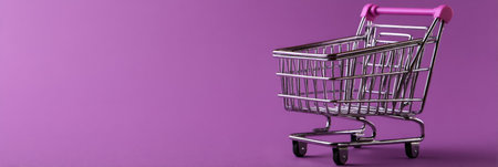A shopping basket sits on a bright purple surface, inviting users to visualize their shopping journey as they plan what goods to purchase.の素材