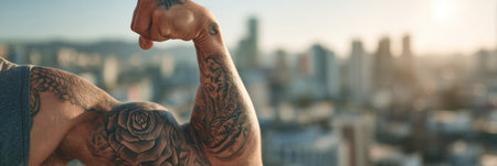 A muscular arm with intricate tattoos flexes against a blurred urban backdrop at sunset, emphasizing strength and the artistry of body ink.の素材