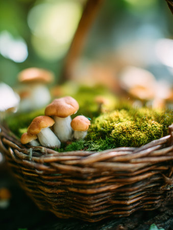 A woven basket filled with fresh mushrooms is nestled among vibrant green moss, surrounded by the soft, dappled light of a lush forest environment.の素材