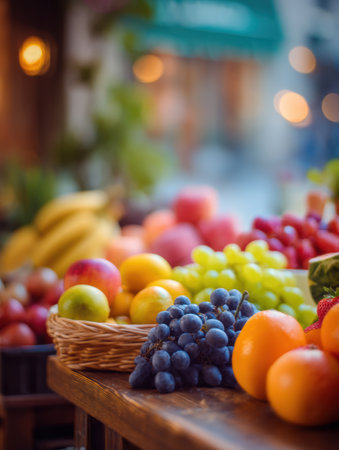Seasonal fruits of varied colors and textures are displayed on a wooden table, with a softly blurred background evoking a lively market vibe.の素材