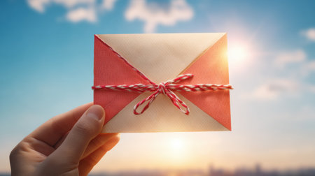 A hand holds a bright envelope tied with string, glowing softly under a clear blue sky, evoking anticipation and wonder.の素材
