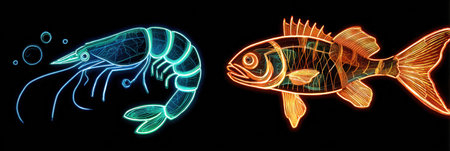 Bright neon outlines of shrimp and fish contrast sharply with the dark background, showing their unique forms and details in a striking artistic displayの素材