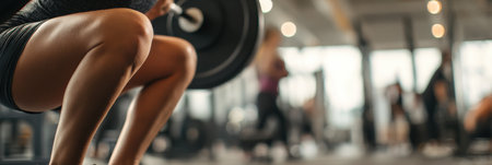 Squatting legs focus on form and strength in a gym setting with workout equipment and blurred figures in the background actively exercising.の素材