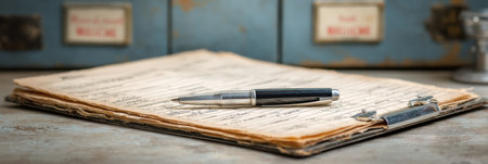 A medical records folder and a pen sit on a desk, with a blurred background hinting at a clinical workspace for patient information.の素材