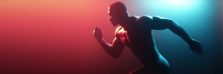 A powerful silhouette of an athlete running in a dynamic pose, highlighting muscle tone and movement against a colorful background of light.の素材