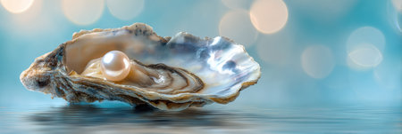 An open oyster shell reveals a shimmering pearl inside, with a soft blur effect and delicate lighting creating an ethereal atmosphere.の素材