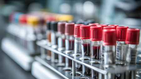 Rows of blood sample tubes arranged in a laboratory rack, with colorful caps, highlighting preparations for medical testing and analysis.の素材