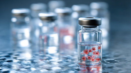 Vaccine vial filled with a clear liquid and visible particles, placed on a clean sterile table ready for medical administration and vaccination activities.の素材