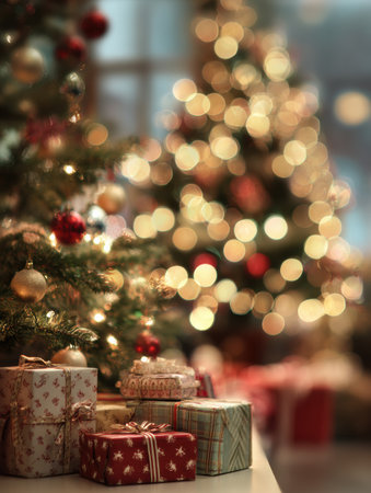 A charming Christmas tree decorated with sparkling ornaments stands tall, surrounded by colorful gifts, creating a joyful holiday atmosphere in a warm setting.の素材
