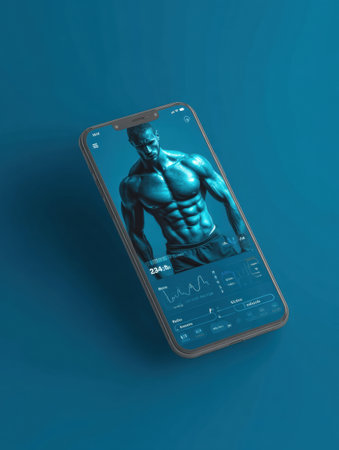 Mockup displays a fitness app with a muscular figure overlay along with performance metrics on a blue background, appealing to health enthusiasts.の素材