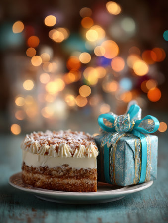 A birthday cake with creamy frosting and a decorative gift box sit on a plate, surrounded by a warm, out-of-focus bokeh background, perfect for celebrations.の素材