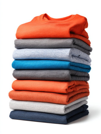 Stacked athletic wear showcases diverse colors and textures, highlighting organization and readiness for workouts or casual looks.の素材