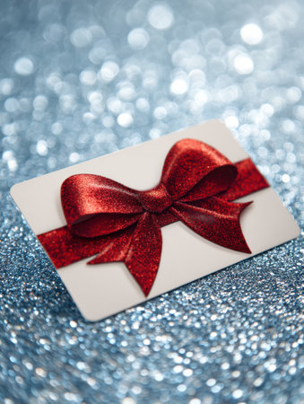 Glossy gift card with a shiny red bow is arranged on a glittering blue surface, creating an appealing and festive atmosphere ideal for giftingの素材