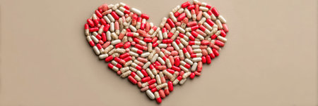 Colorful capsules are arranged in a heart shape on a neutral background, presenting a creative and symbolic expression related to health and wellness.の素材