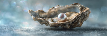 An open oyster shell showcases a beautiful pearl, illuminated beautifully with a soft blur effect, creating a serene and captivating ambiance.の素材
