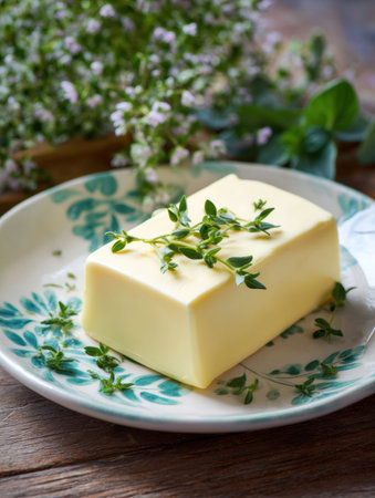Fresh butter is presented on a ceramic plate adorned with herbs, showing a simple yet elegant culinary arrangement in a cozy kitchen atmosphere.の素材