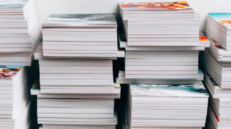 Multiple stacks of sale flyers are arranged on a white tabletop, displaying colorful graphics and promotions aimed at attracting customer interest.の素材