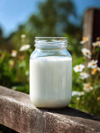 A glass jar filled with fresh milk sits on a rustic wooden fence, surrounded by vibrant flowers and a clear blue sky, radiating warmth and freshness.の素材