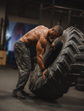 A dedicated athlete flips a large tire during a rigorous crossfit training session, showing powerful back muscles in a gym environment.の素材