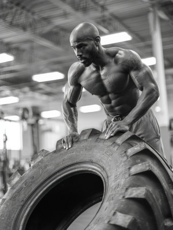 Muscular individual performs a tire flip workout, emphasizing strength and determination in a gym environment, highlighting intense physical effort.の素材