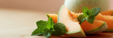 Refreshing slices of melon paired with vibrant mint leaves are elegantly displayed on a wooden table, capturing a cozy and inviting atmosphere.の素材