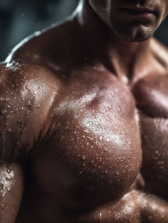 Close-up view of a bodybuilders torso, displaying well-defined muscles enhanced by oil shine, with a softly blurred background highlighting intense training.の素材