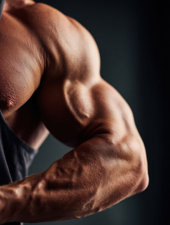 Close-up view of well-defined biceps during a workout in a dimly lit gym, highlighting the effort and focus involved in strength training activitiesの素材