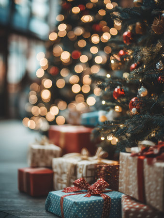 Colorful gifts wrapped in various patterns surround a beautifully decorated Christmas tree, while warm bokeh lights create a festive atmosphere.の素材