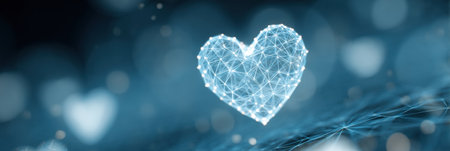 A clean heart icon emerges in a digital space filled with abstract shapes and glowing elements, representing love and modern connection in technology.の素材