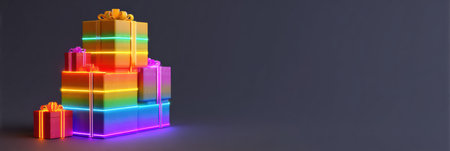 A colorful stack of gift boxes in rainbow hues features glowing borders, perfect for birthdays, holidays, or special celebrations in a cozy atmosphere.の素材