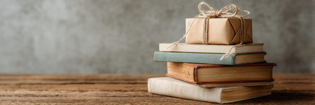 A charming gift box tied with twine sits atop a stack of various books in a cozy corner of a room, creating an inviting atmosphere for reading and giving.の素材