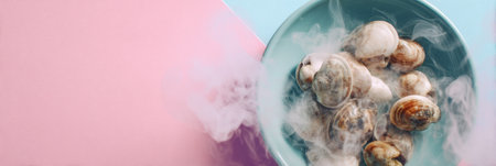 A steaming plate of seafood is the focal point on a pastel background, illustrating a delightful culinary experience at a cozy eatery or home dinner setting.の素材