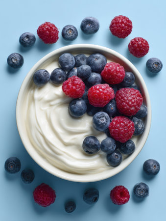 A bowl contains smooth organic yogurt garnished with vibrant blueberries and raspberries on a soft blue surface, creating a refreshing snack.の素材