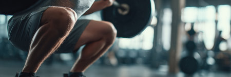 Legs in a squat exercise at the gym, with blurred equipment behind, showcasing a focus on lower body strength.の素材