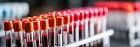Various blood sample tubes are securely placed in a rack, creating an organized display in a laboratory setting with a softly blurred background.の素材