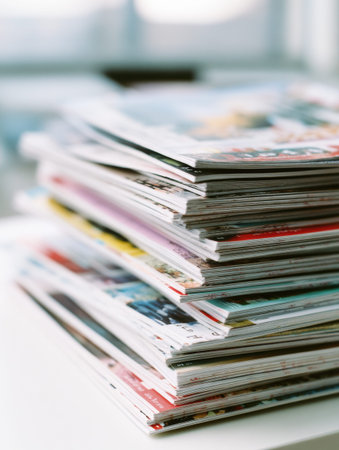 A vibrant stack of various sale flyers sits neatly on a white tabletop, showcasing multiple promotions and advertisements for shoppers to discover.の素材
