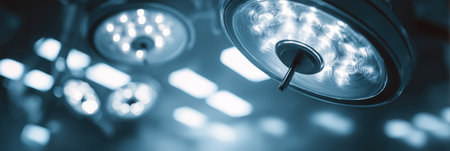 Abstract composition of soft-focused surgery lights creating a gentle illumination in a medical environment, suggesting a calm atmosphere during procedures.の素材