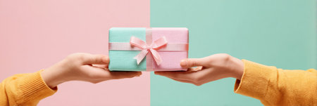 Two hands elegantly pass a wrapped gift with a ribbon against a pastel backdrop, symbolizing celebration and thoughtfulness among friends.の素材