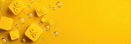 Bright yellow background features floating discount stickers with a playful design, enhancing the appeal of sales and special offers in retail environmentsの素材