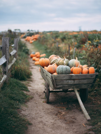 A rustic cart brimming with vibrant pumpkins and gourds rests on a dirt path surrounded by lush greenery and a clean sky, ideal for autumn harvest activities.の素材