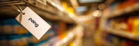 Price tag is hanging from a display rack in a retail environment, showing the cost of a product amid blurred merchandise on the shelf.の素材
