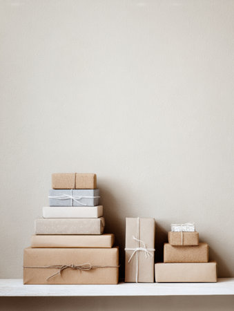 A stack of beautifully wrapped presents is displayed on a minimal shelf against a neutral background, creating an inviting and organized feel in the space.の素材