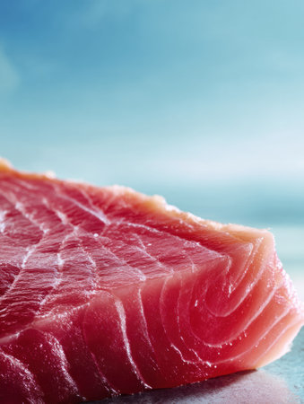 Close-up of a premium tuna steak highlighting its fresh texture and rich color against an unoccupied sky colored background, ideal for gourmet dishes.の素材